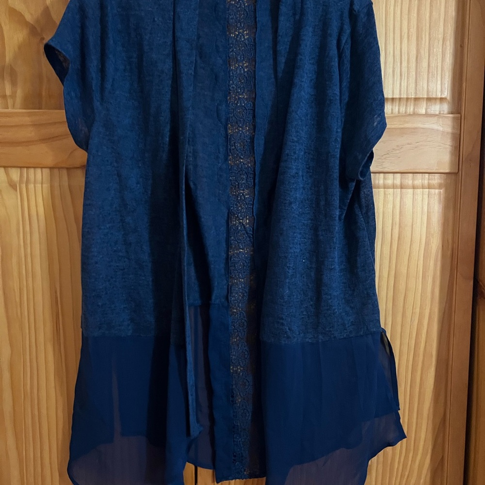 august silk Navy Blue Open-Front Tunic with Sheer Hem